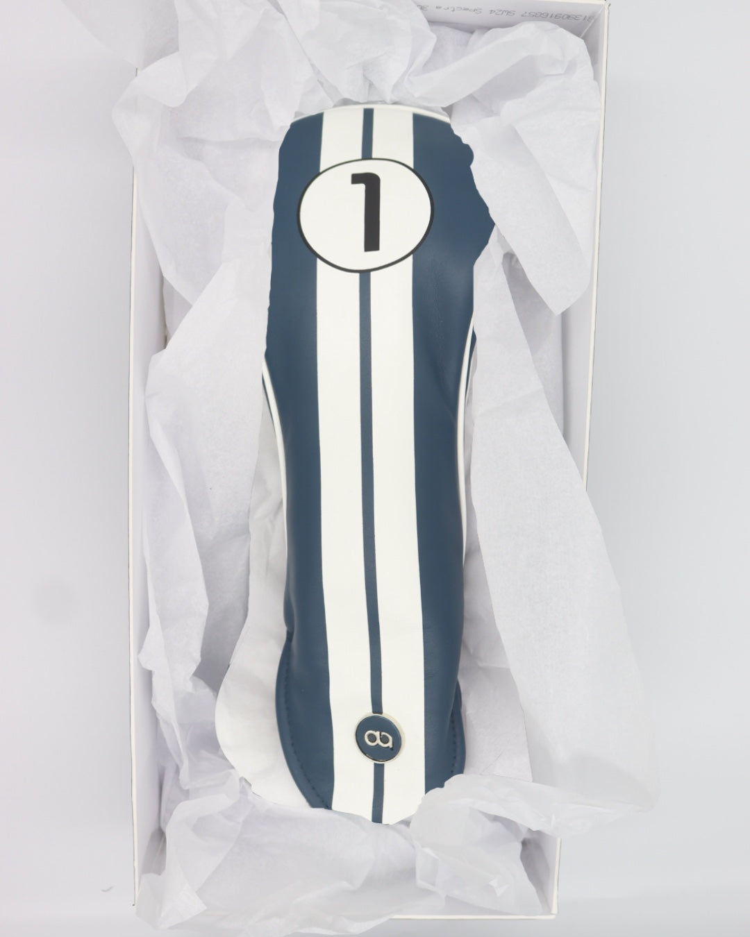 Blue racing line leather golf club headcover in a gift box. David Alexander Golf