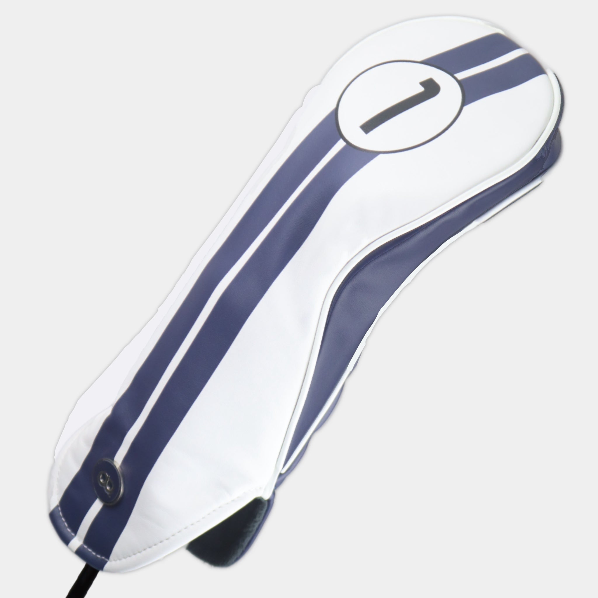 White and blue Racing Line leather driver golf club replacement headcover. Golf gift for men. Designer golf accessory. Waterproof. Customisable. Digital print. 