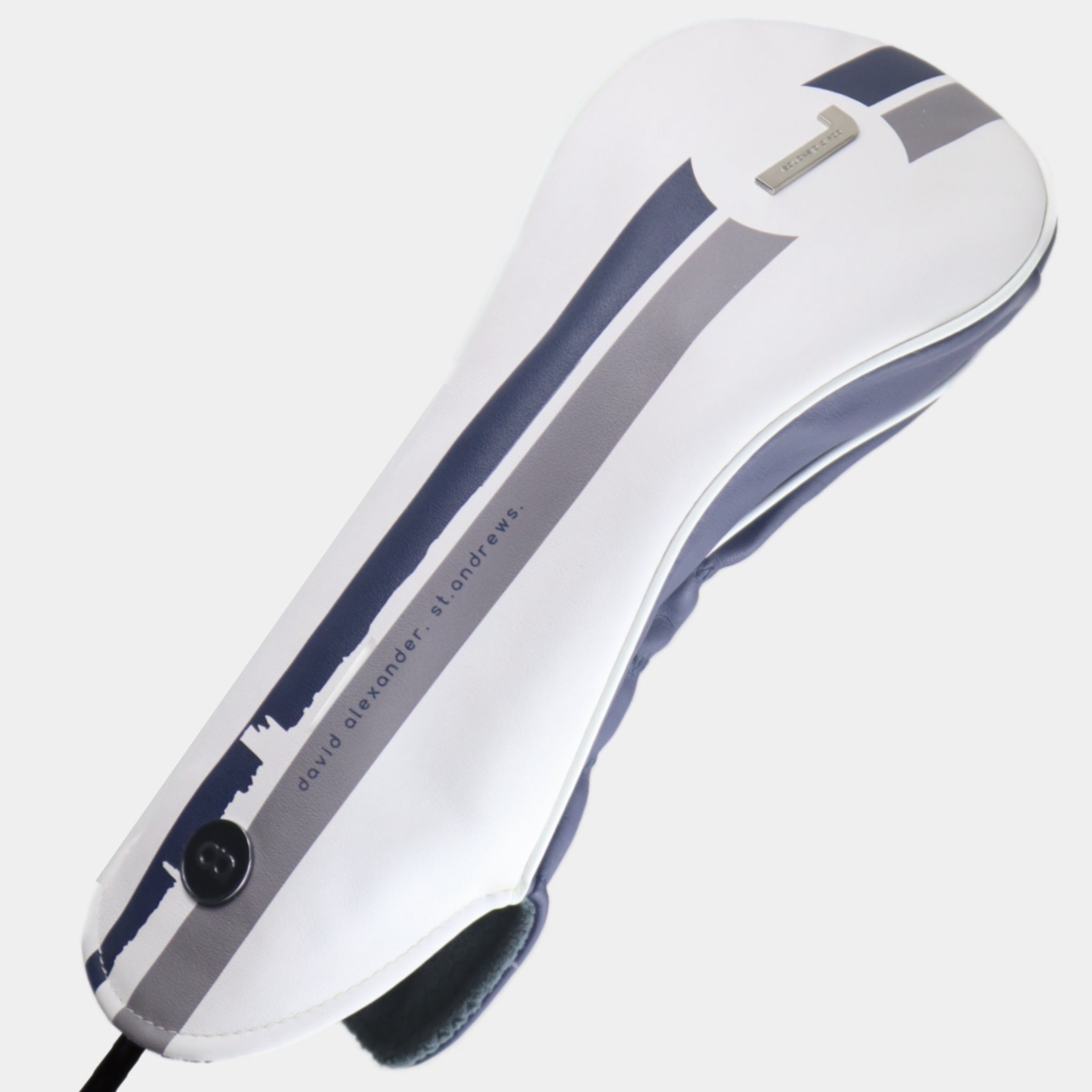 White and navy blue leather driver headcover featuring a digitally-printed St. Andrews townscape design.