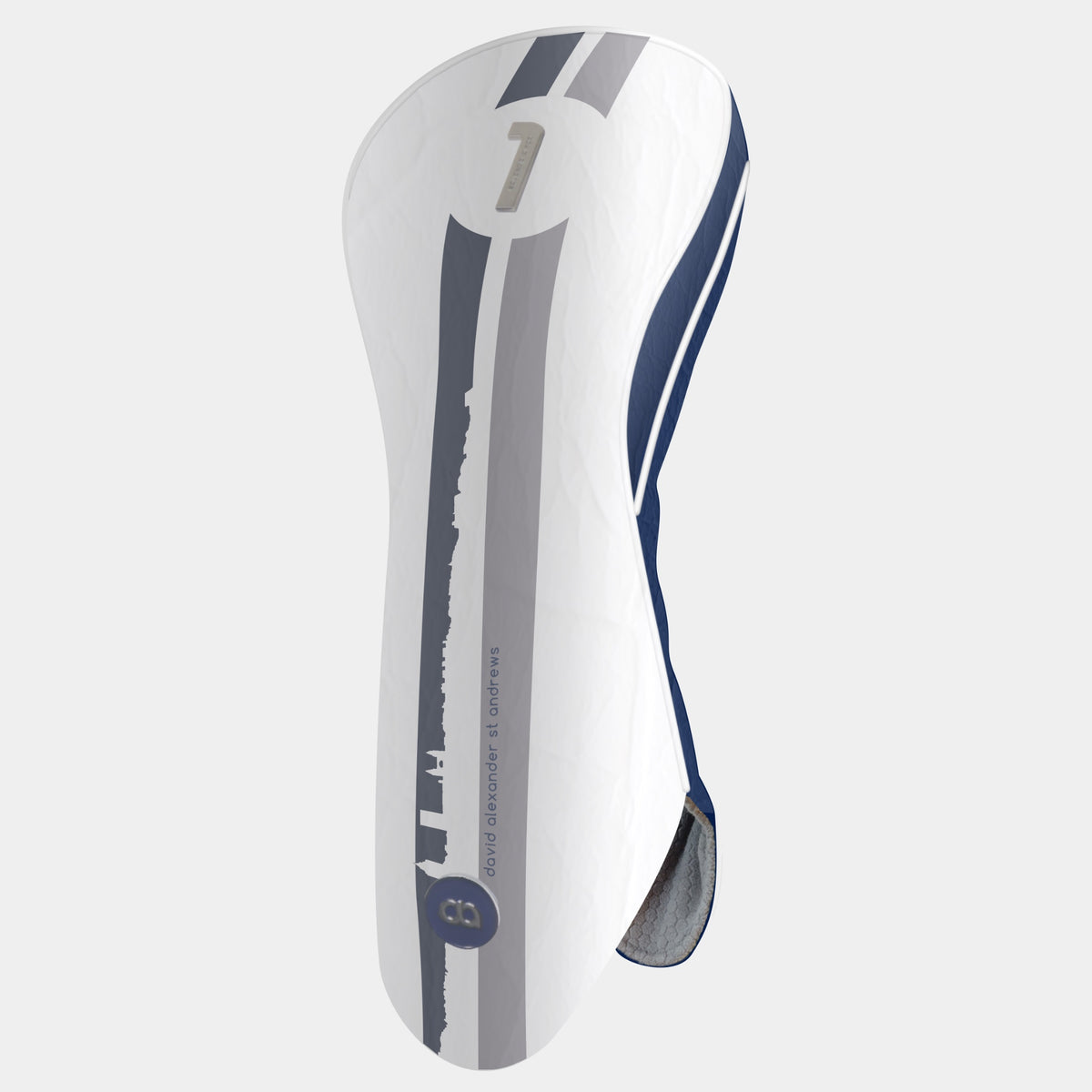 St. Andrews edition white and navy blue leather golf club headcover with a bold navy blue and grey racing stripe design, featuring a metal club identifier.