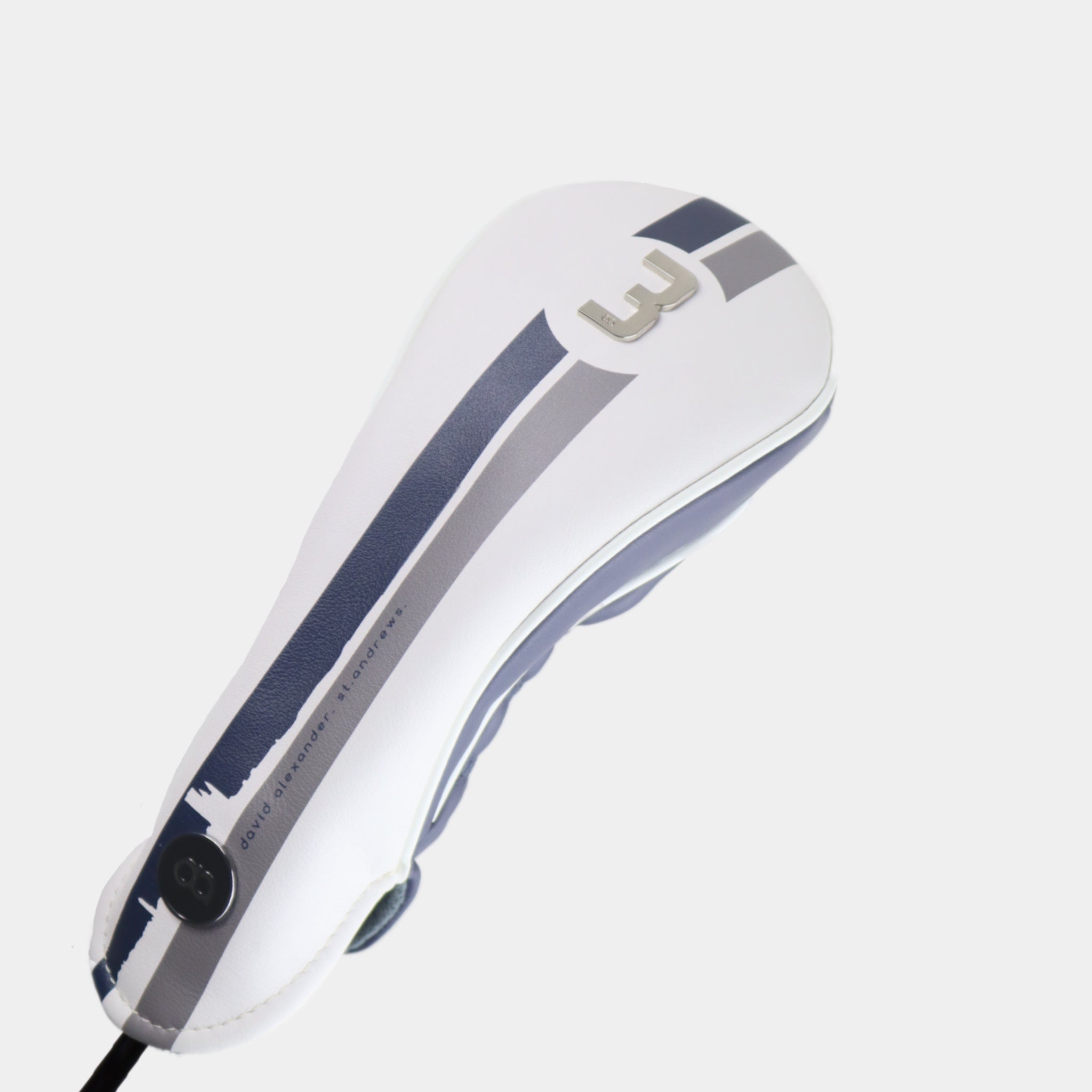 White and navy blue leather fairway headcover featuring a digitally-printed St. Andrews townscape design.