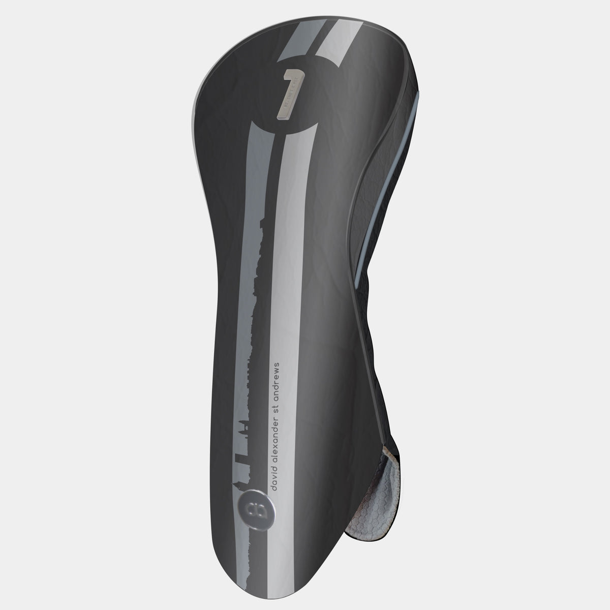 St. Andrews edition black leather golf club headcover with a bold silver and grey racing stripe design, featuring a metal club identifier