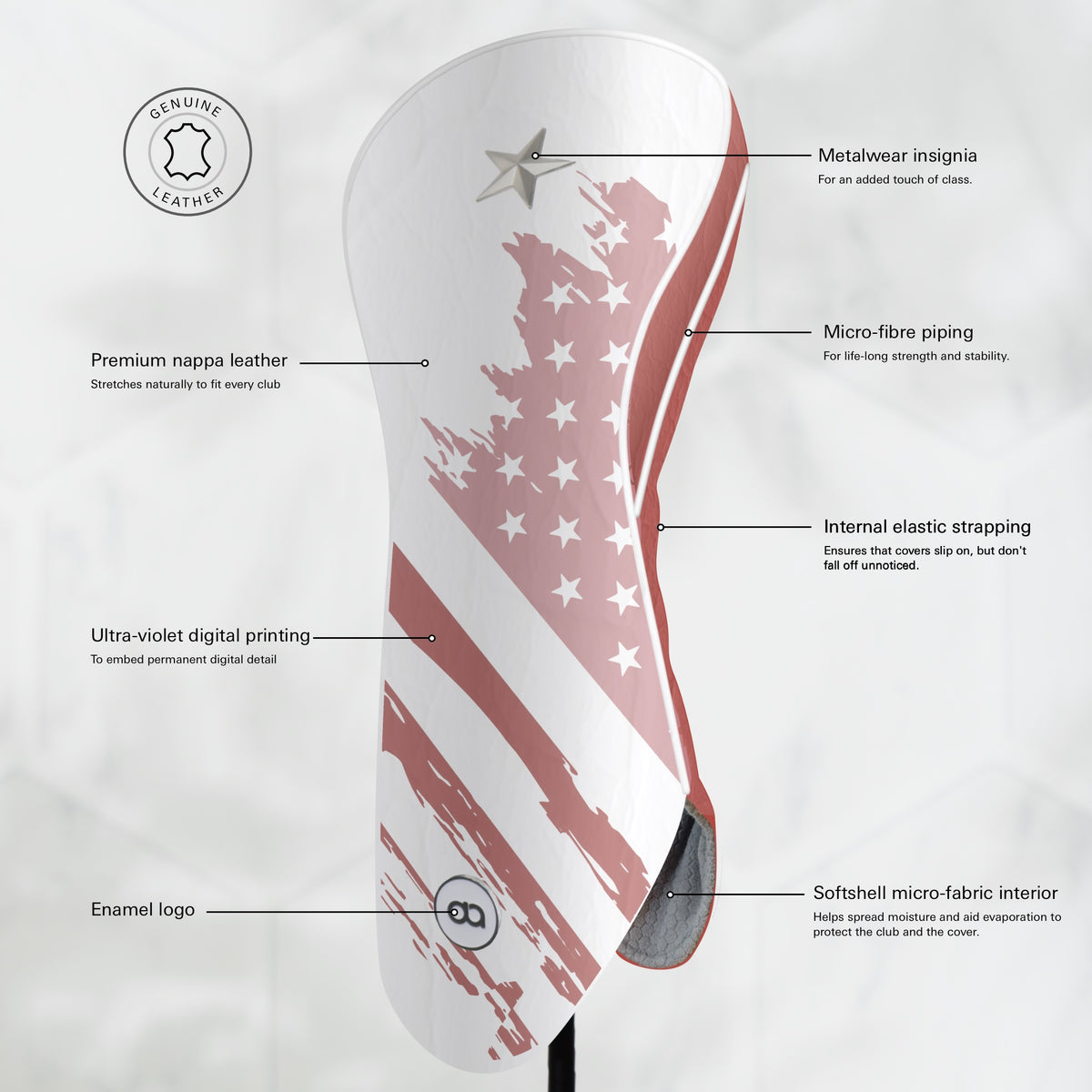 White and terracotta USA golf club headcover featuring a grunge American flag design with terracotta and pink stripes, white stars, and a silver metal star. 