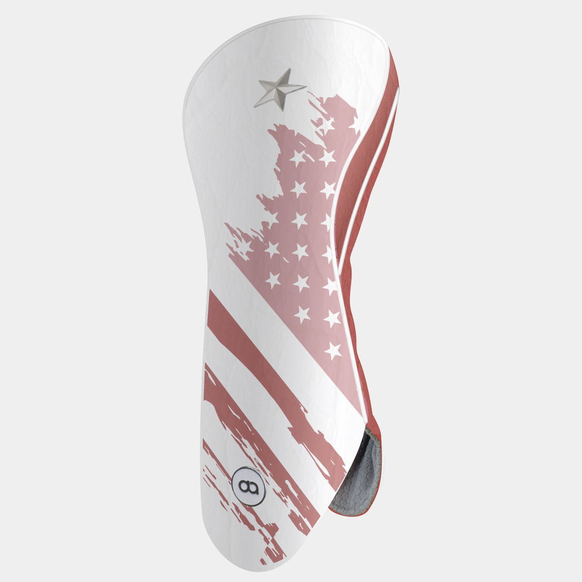 USA golf club headcover featuring a grunge American flag design with terracotta and pink stripes, white stars, and a silver metal star. 