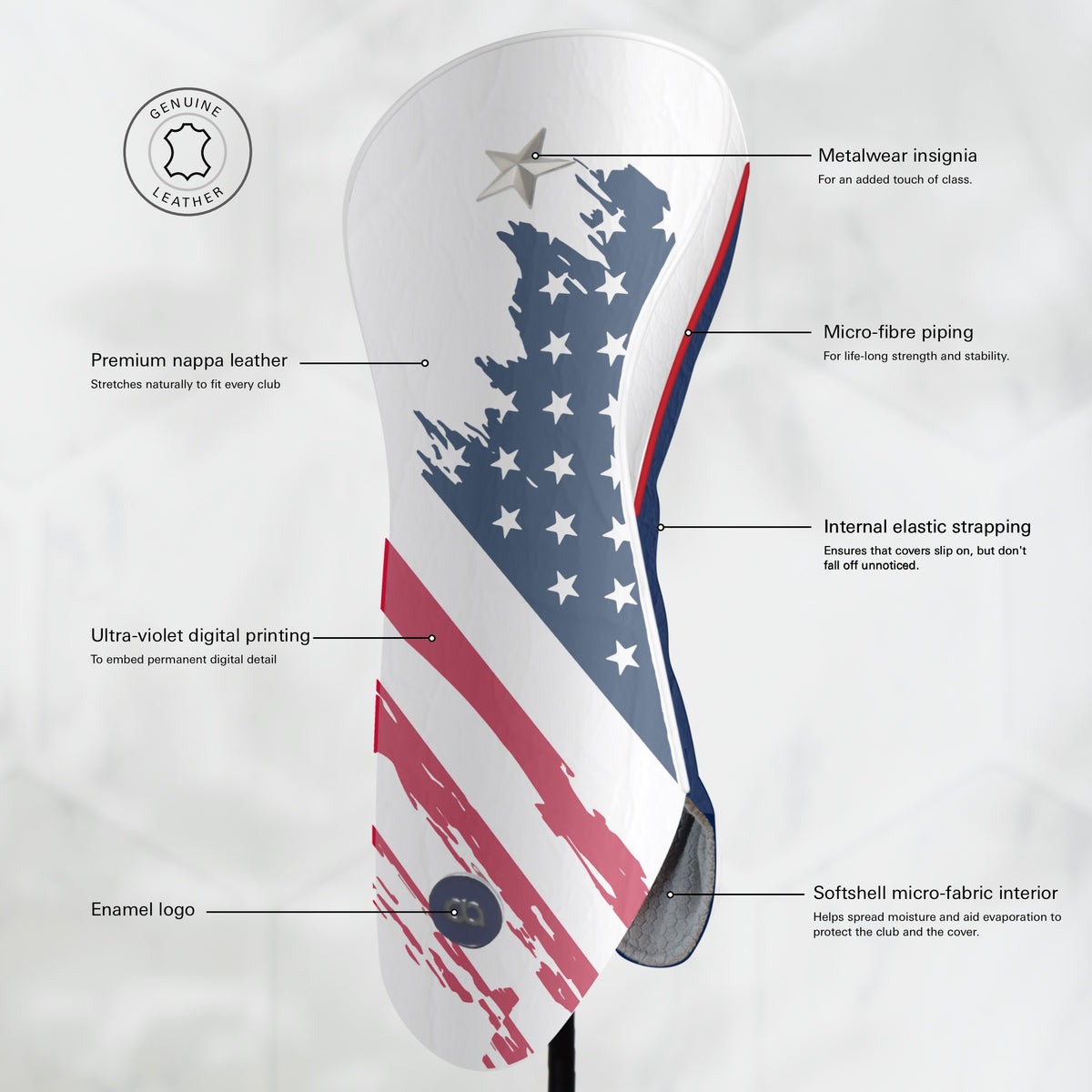 White, blue and red USA leather driver golf club headcover with a grunge stars and strip design on a white front with a navy blue back. White and red pipping. 