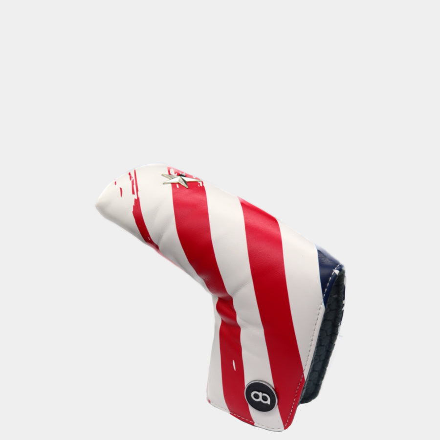 USA leather putter golf club replacement headcover. Red, white and blue, Golf gift for men /women. Designer golf accessory. Waterproof. Digital print. Chrome emblem.