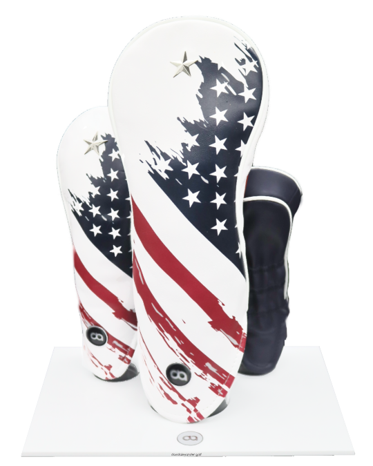 USA red, white and blue leather golf club headcover set with chrome star by David Alexander.