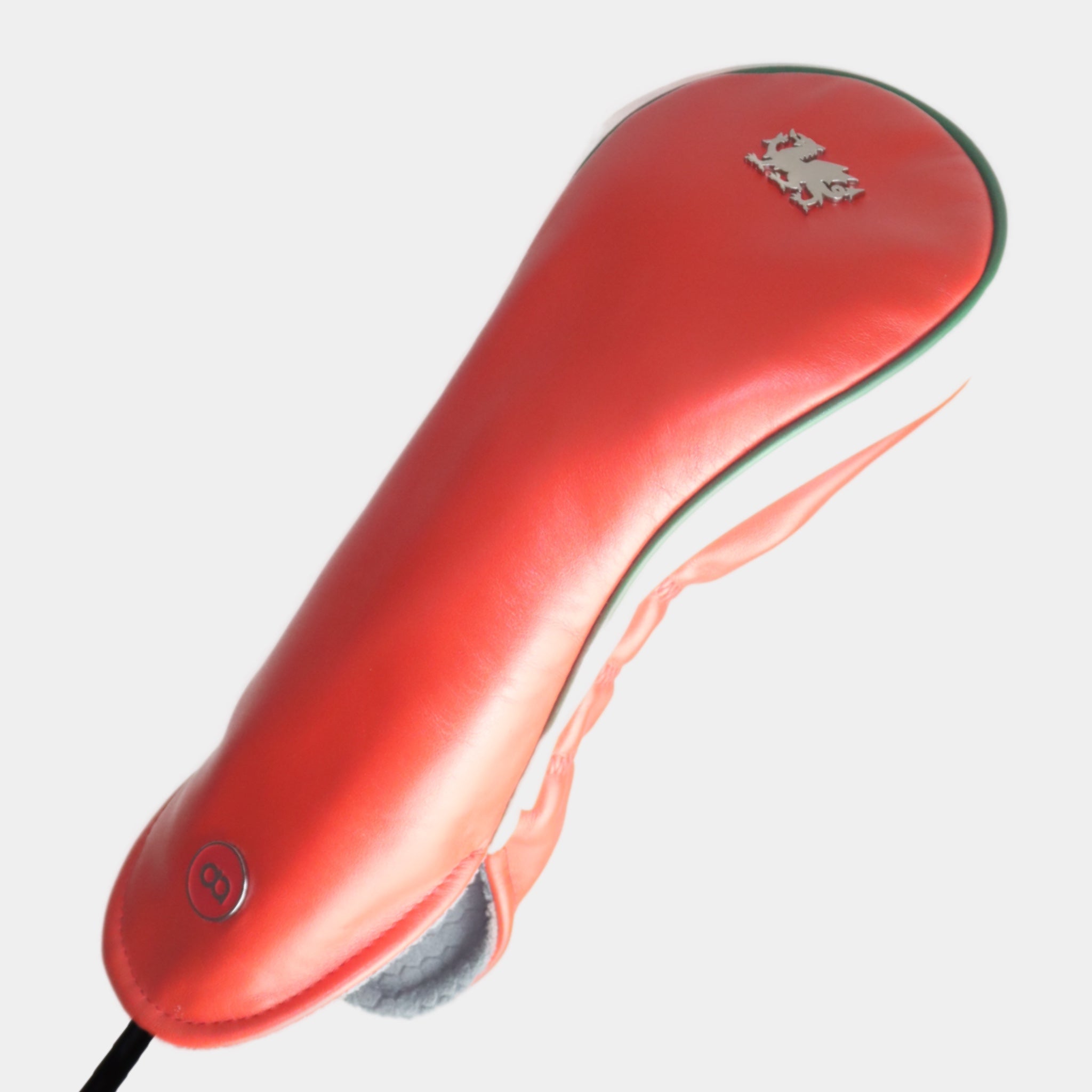 Wales leather driver golf club replacement headcover. Red with white sides. Golf gift for men /women. Designer golf accessory. Waterproof. Digital print. Chrome dragon.