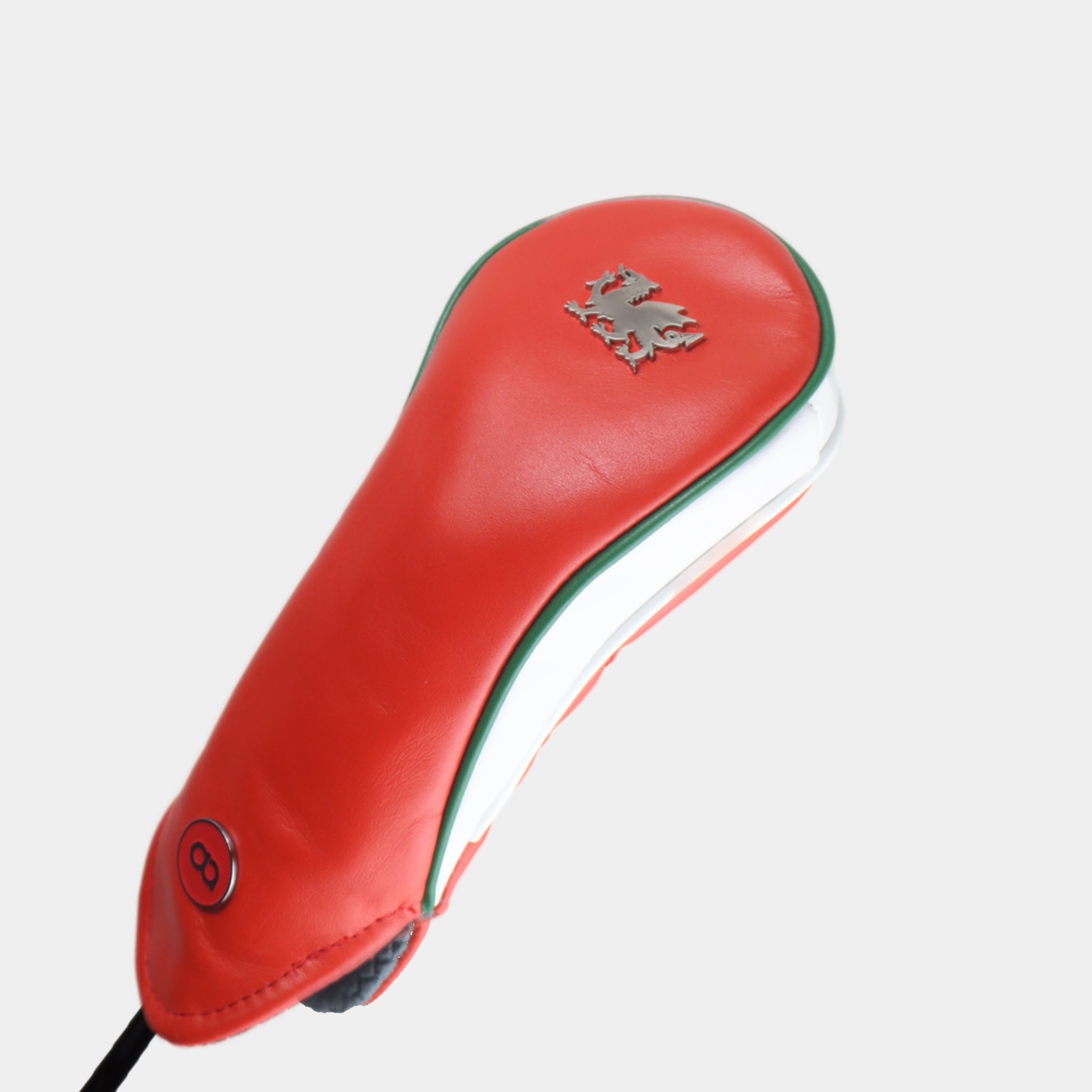 Wales leather fairway golf club replacement headcover. Red with white sides, Golf gift for men /women. Designer golf accessory. Waterproof. Digital print. Chrome emblem. Customisable.