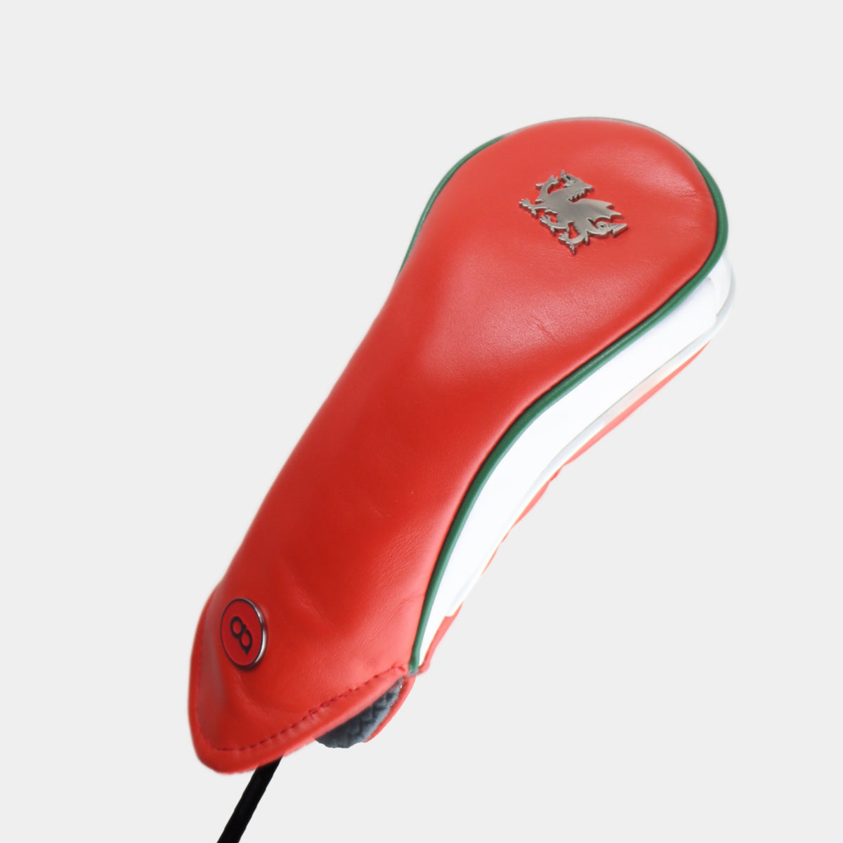 Wales leather fairway golf club replacement headcover. Red with white sides, Golf gift for men /women. Designer golf accessory. Waterproof. Digital print. Chrome emblem. Customisable.