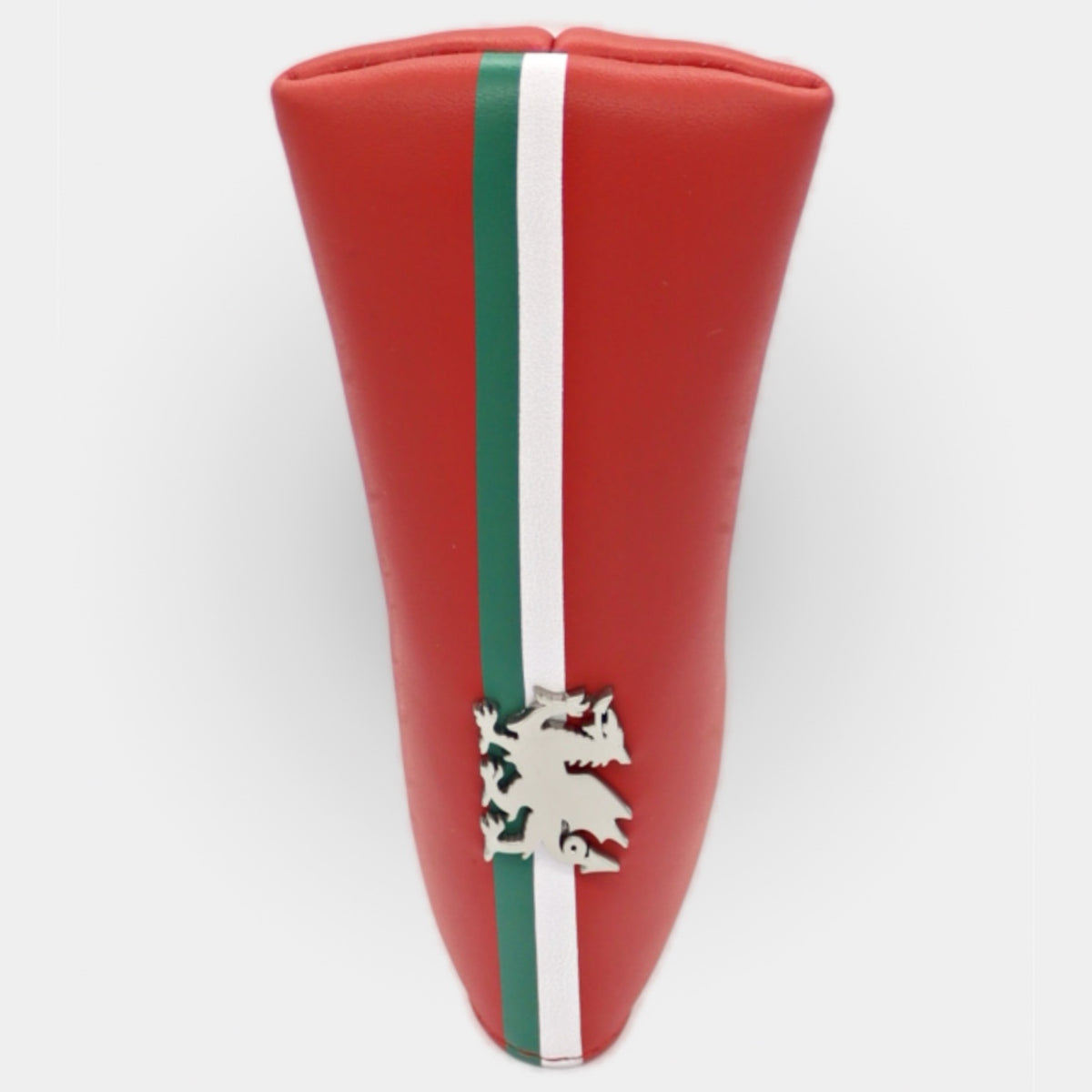 A red golf club headcover featuring a vertical green and white stripe down the center and a chrome Welsh dragon emblem near the bottom, shown against a plain light gray background.
