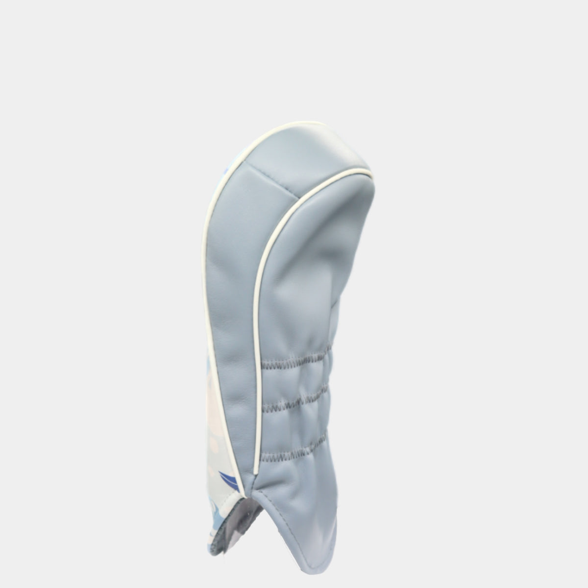 A winter-themed leather golf club headcover in shades of light blue, gray, and white, shown against a light gray background.
