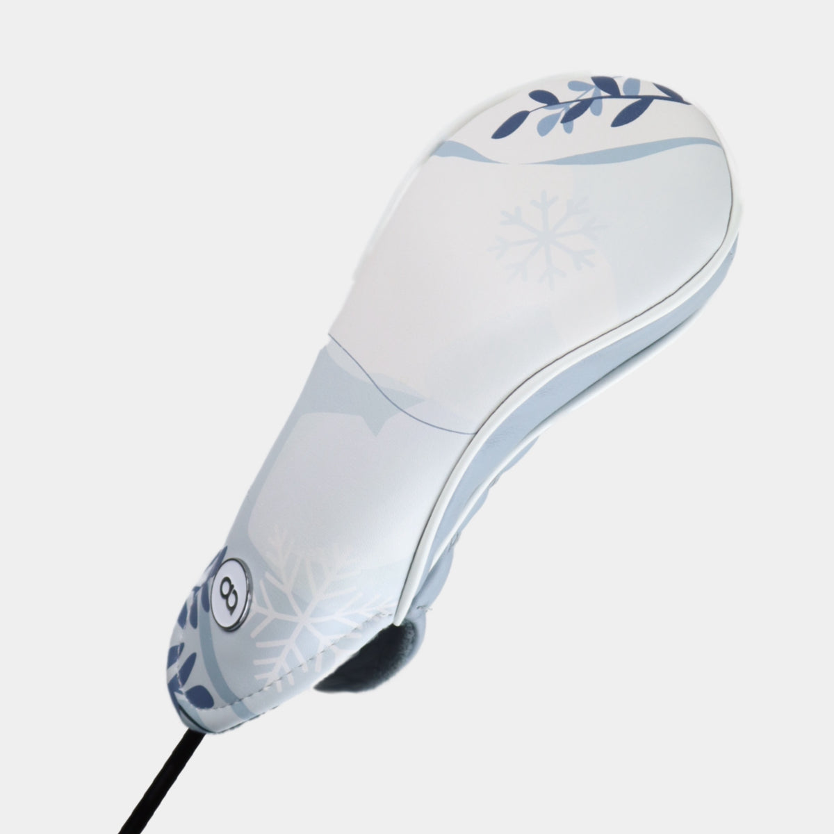 A winter-themed leather golf club headcover in shades of light blue, gray, and white, shown against a light gray background.