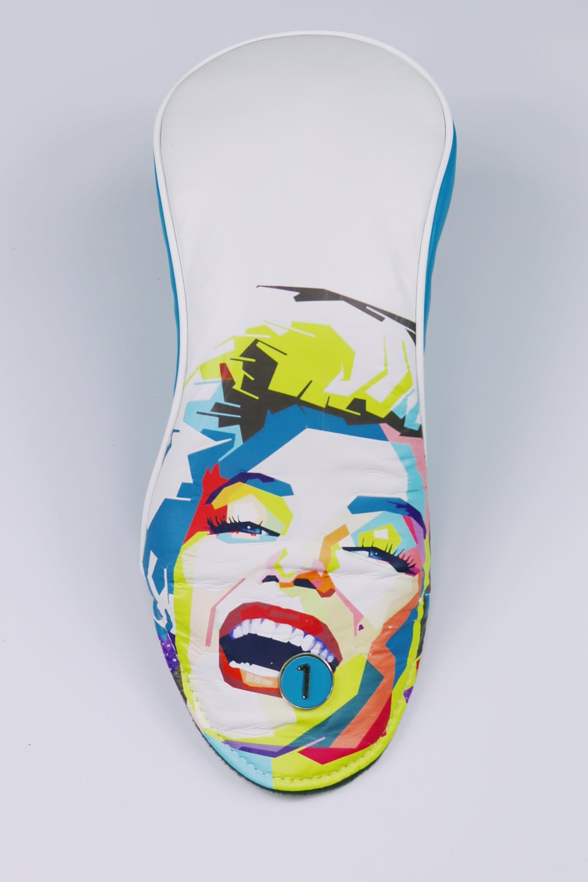 White and aqua leather driver head-cover featuring Marilyn Monroe