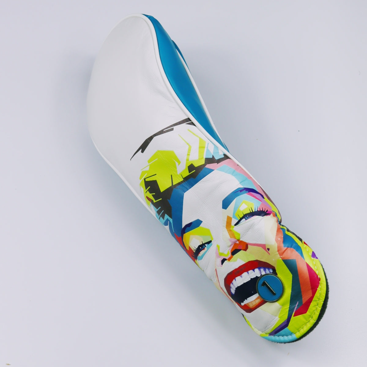 White and aqua leather driver head-cover featuring Marilyn Monroe